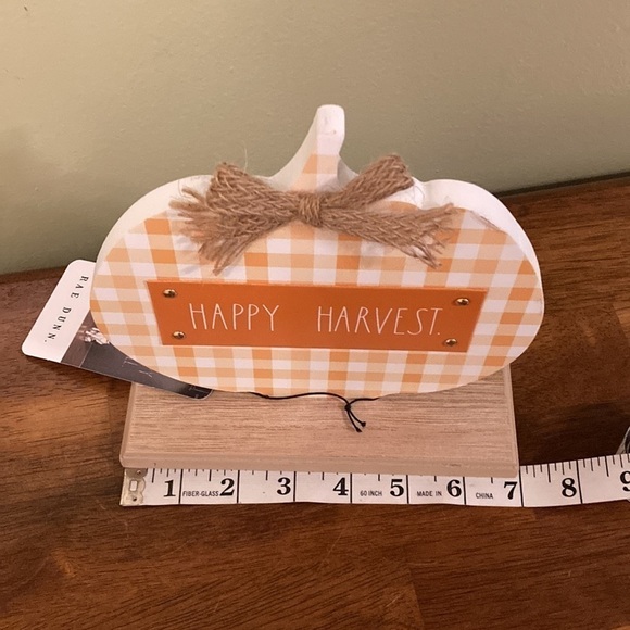 NEW! Rae Dunn "HAPPY HARVEST" Orange GINGHAM Wooden PUMPKIN Tabletop Sign - Picture 7 of 9